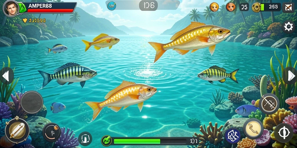 Screenshot menunjukkan aksi seru menembak ikan di AMPER88.
