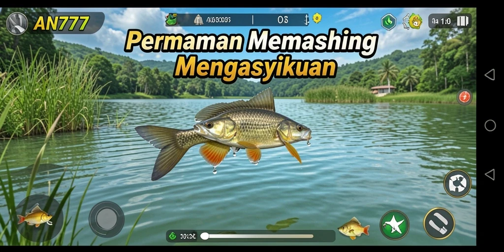 Screenshot AN777 yang memperlihatkan keseruan memancing di alam terbuka.