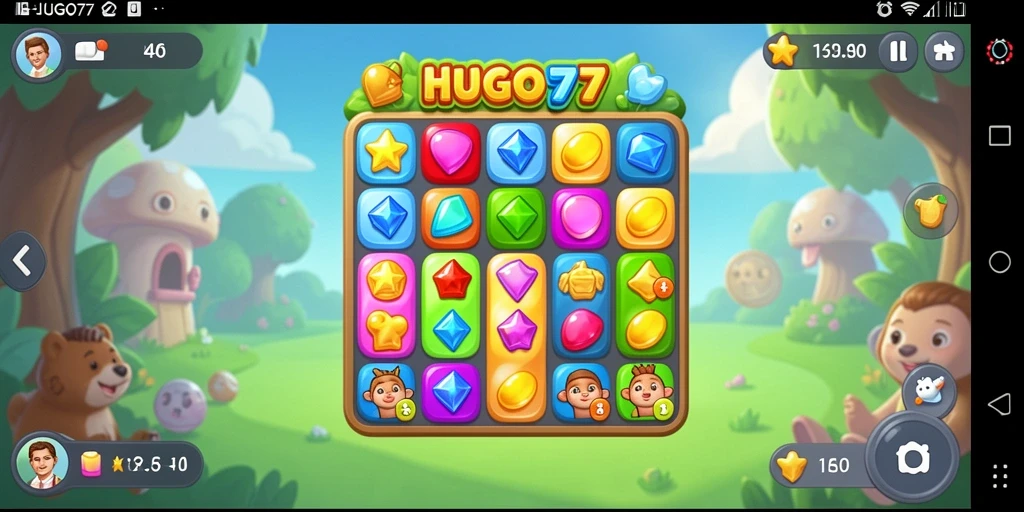Screenshot HUGO77 menampilkan gameplay yang penuh warna dan tantangan Match-3 yang seru.